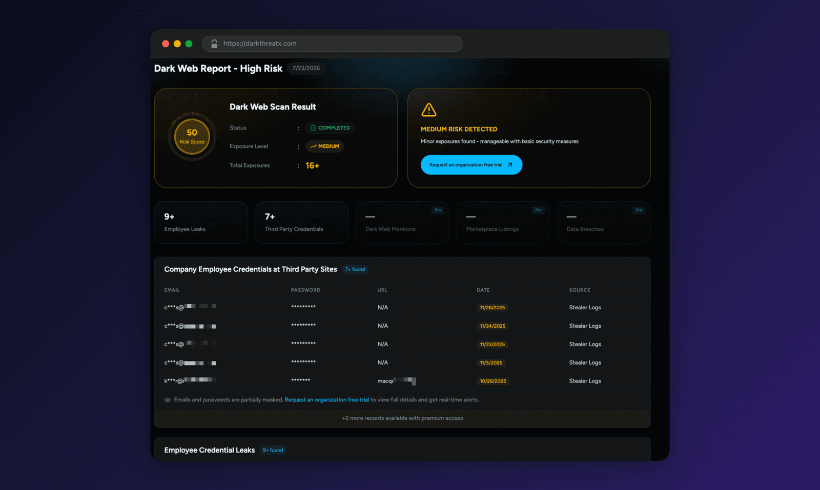 DarkthreatX Dark Web Monitoring Platform screenshot 1